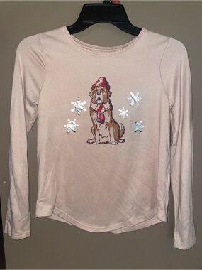 Beige Long Sleeve Tee with Festive Dog Graphic Holidays Winter Girls 10/12